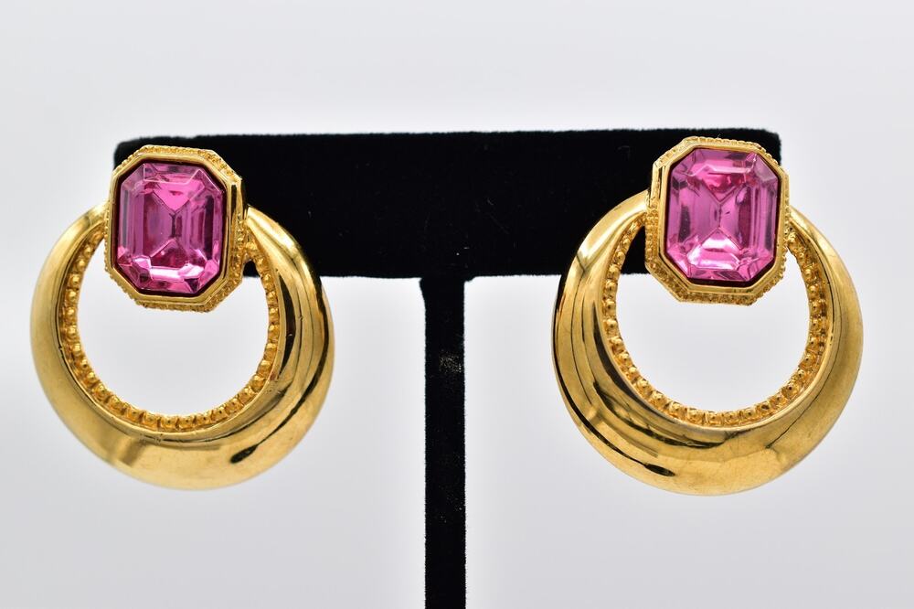 VIntage Pink Baguette Crystal Earrings Drop Dangle Gold Tone Chunky 1980s BinAI